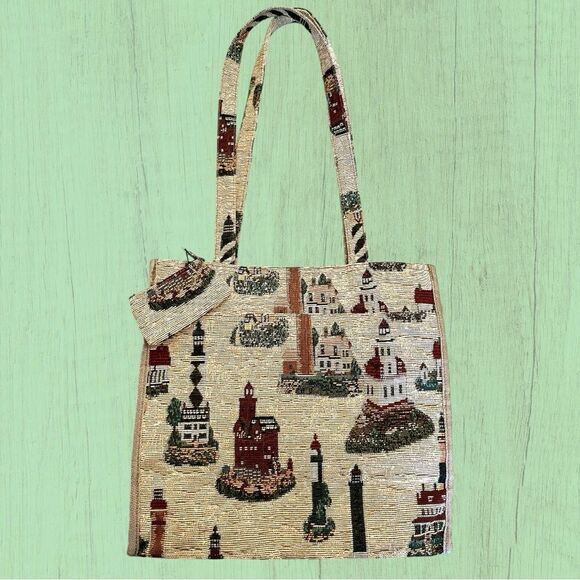 Vintage lighthouse tapestry shoulder bag matching change purse - Picture 3 of 9